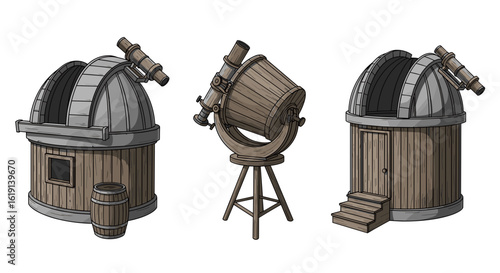 Illustration of Three Various Observatories Featuring Telescopes on White