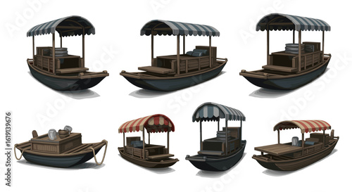 Charming Collection of Canal Boat Illustrations Against a Clean Backdrop