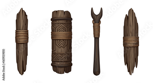Four stylized wooden props displaying a tribal aesthetic design