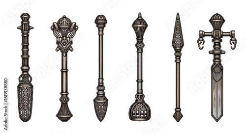 Collection of ornate, ancient-looking sceptres or maces on white background.