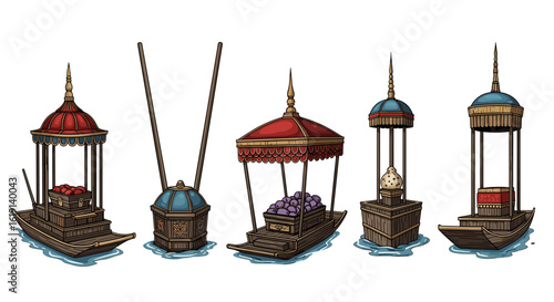 Artistic rendition of various floating market boat designs illustration