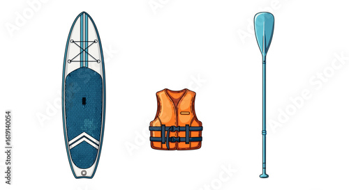 Stand-up paddleboarding equipment isolated on white background, preparing for watersports.