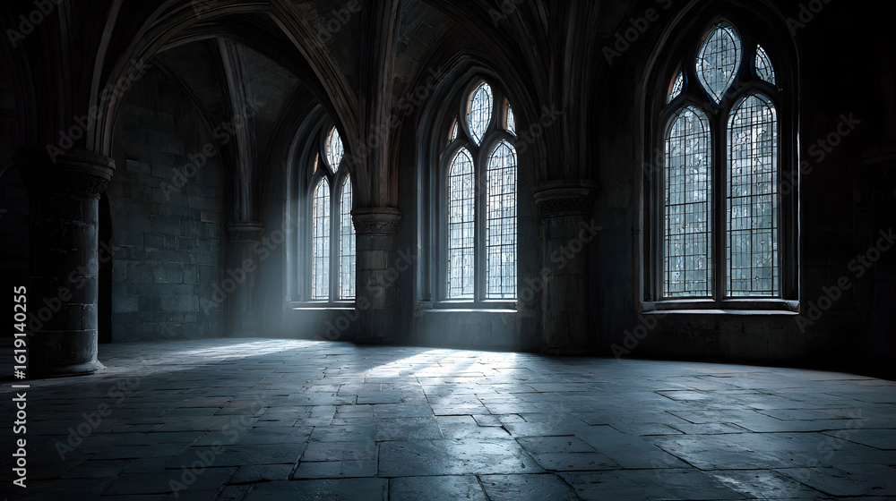 Fototapeta premium Empty dark room in gothic style with large windows