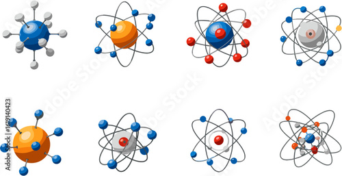 Colorful atom illustrations depicting molecular structure and science, perfect for scientific education projects.