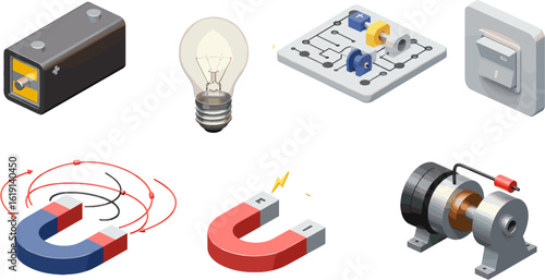 Isometric Electrical Components Arrangement for Educational Purposes and Technological Presentations with Bright Colors
