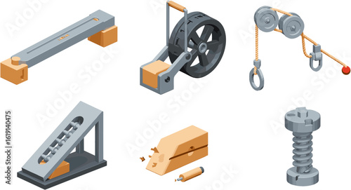 Exploring Simple Machines: An Isometric Illustration of Mechanical Advantage and Principles