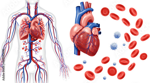 Human Circulatory System Depiction with Heart, Lungs, Blood Vessels, and Blood Cells