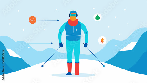 ColdWeather Adaptation A skier in snowy terrain with data displayed around them indicating body temperature and strain metrics for optimizing performance in cold conditions.