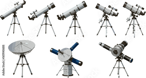 Collection of various telescopes and satellite dishes for astronomy and space exploration purposes