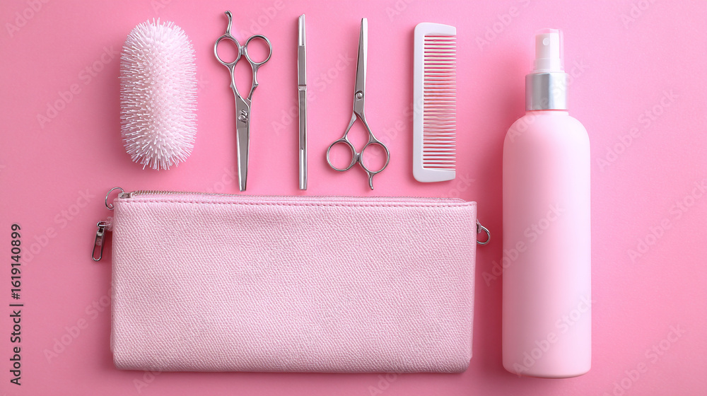 Naklejka premium Flat lay of a hair stylist's pouch: shears, clips, comb, and spray bottle on a bubblegum pink background. stock image