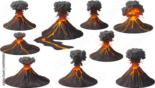Cartoonish Volcano Eruption Stages with Lava Flow Isolated on White, Depicting Environmental Disaster