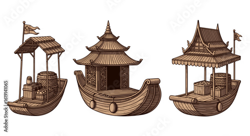Three Asian style boats, illustration, traditional transportation