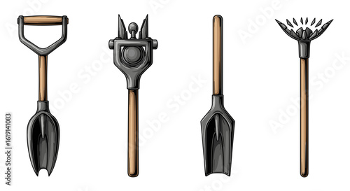 Antique garden tools displayed against a clean white backdrop