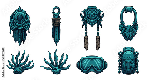 Array of stylized, teal, steampunk, gaming, and undersea treasures