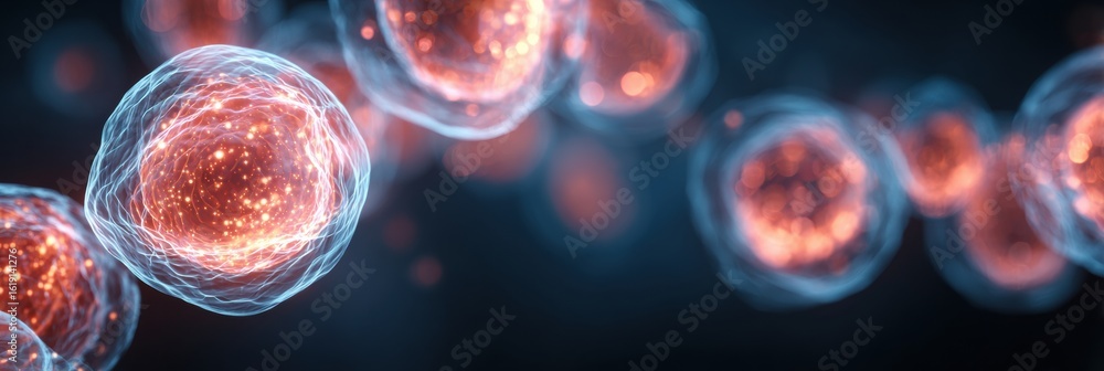 Obraz premium 3D Rendering of Glowing Light Particles Healing Skin Cells in an Abstract Concept With Space to the Right for Additional Elements