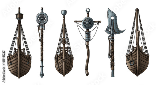 Ornate ship-shaped pendants collection, detailed and fantasy inspired artwork
