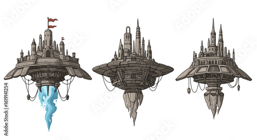 Three Floating Fantasy Cities: Imaginary Architecture Concept Illustration