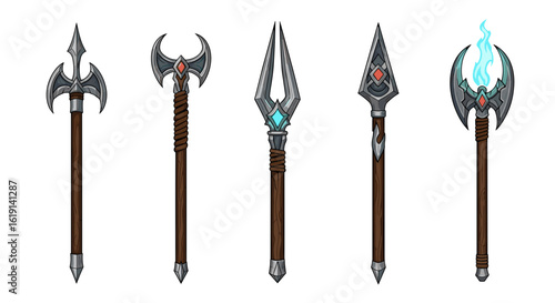 Variety of fantasy battle maces and weapons displayed in a row