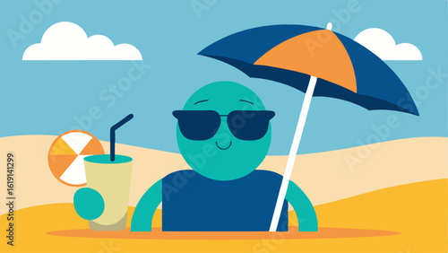 Beach Fun A person sits on a sandy beach under a large umbrella their massive sunglasses nearly swallowing their entire face. They are holding a tropical drink and grinning but the