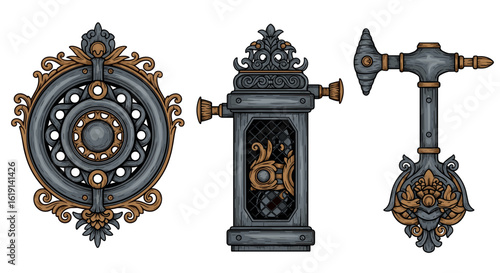 Ornate Vintage Iron Objects Illustration with Gold Accents Isolated