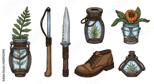 Whimsical illustration featuring adventuring gear and botanical specimens in jars