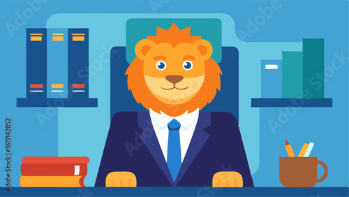 Confident Leader A lion in a classy business suit sitting in a swivel chair behind a sleek desk with a clipboard in front of it. The lion is smiling slightly suggesting a positive