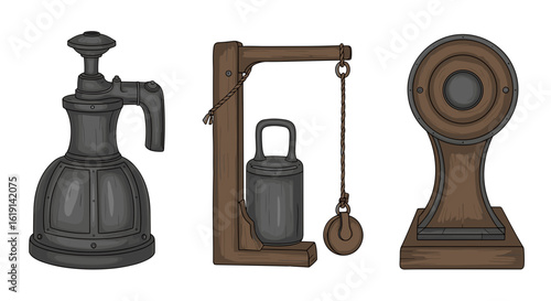 Assorted vintage scientific apparatus icons against a white background.