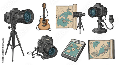 Photography and adventure themed still life with vintage style equipment.
