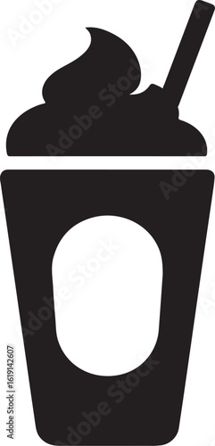 A vector illustration of illustration of a frappe with whipped cream and a straw isolated on white background in black and white