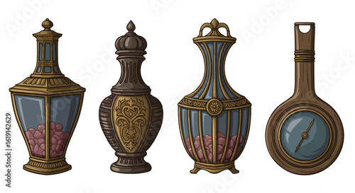 Decorative antique potion bottles, colorful liquids, and exquisite details