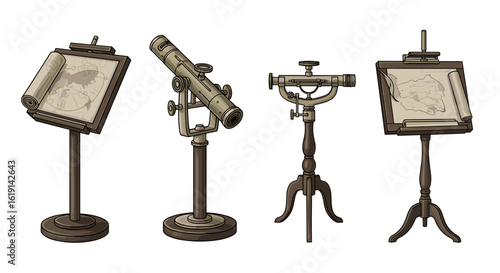 Antique maps and telescopes: vintage scientific exploration tools display.