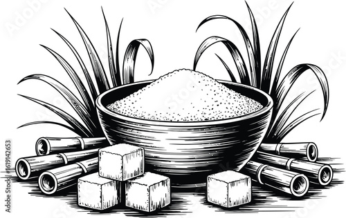 Hand drawn illustration of sugar bowl with sugar cubes and sugarcane stalks