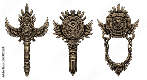 Ornate mystical wands and amulet, isolated magical fantasy artifacts