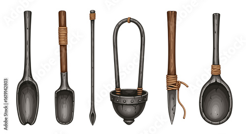 Assorted primitive tools with crafted handles and weathered metal finishes.