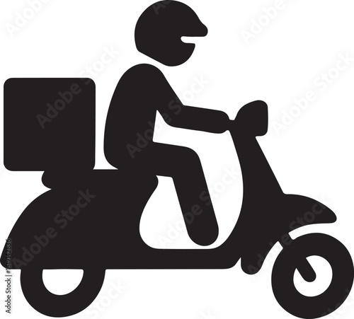 A vector illustration of illustration of a delivery scooter with rider and package isolated on white background