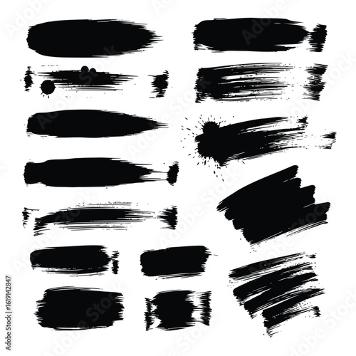 Vector art of collection of black ink brush strokes for artistic design elements and creative background textures