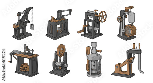 Collection of vintage machinery and industrial tools, isolated on white.