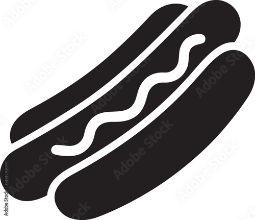 A vector illustration of black silhouette of a hotdog with mustard isolated on white background, perfect for icons and design