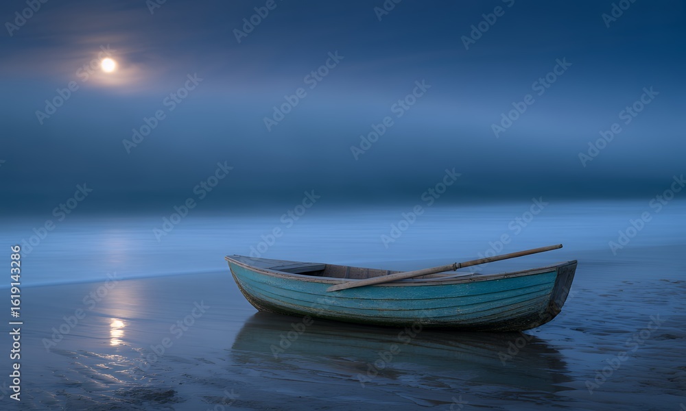 Naklejka premium Serene moonlit beach scene with a weathered rowboat