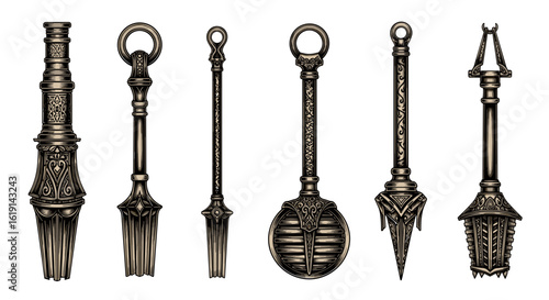 Antique ornate maces of different designs depicted in illustrative style