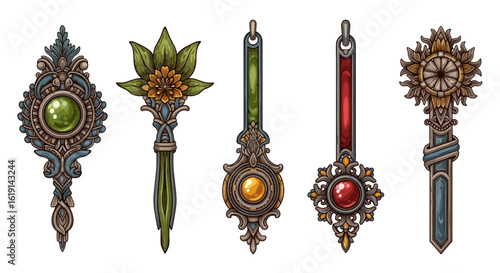 Ornate fantasy artifacts with precious stones and nature elements designs