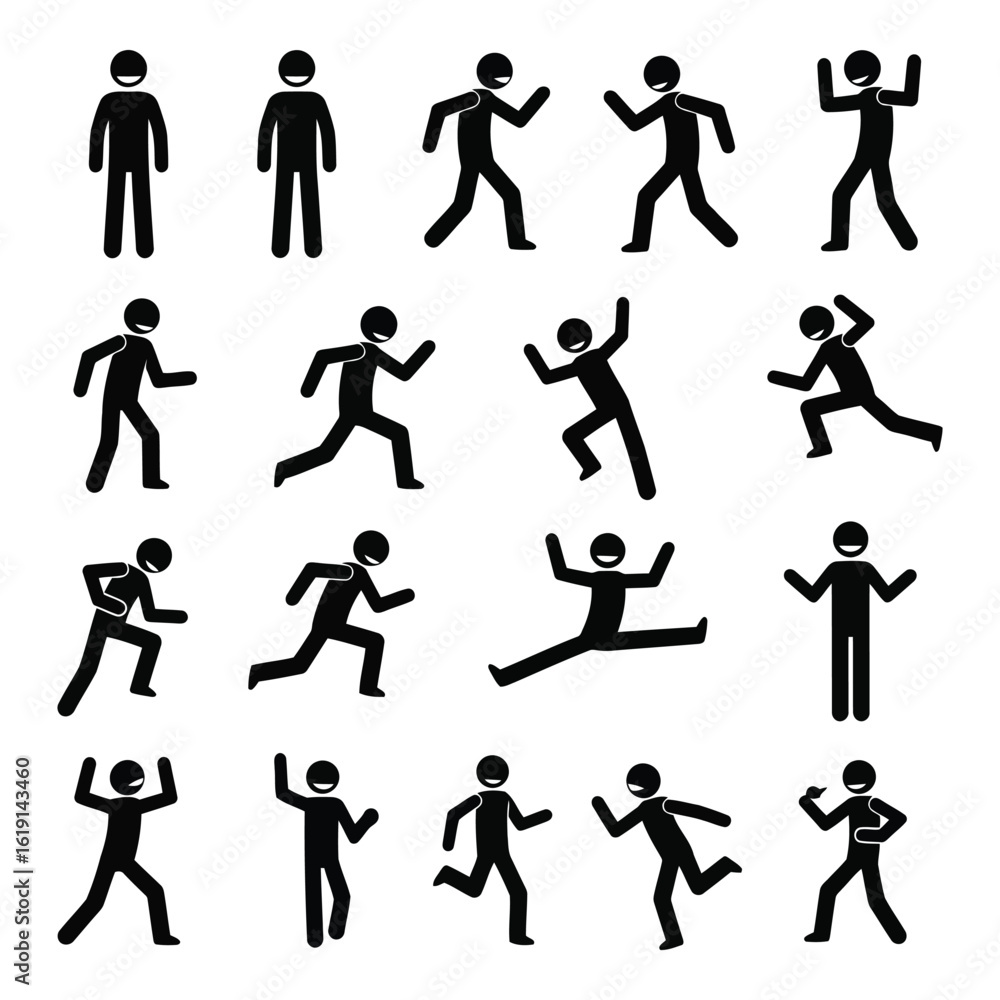 Naklejka premium Vector art of a collection of stick figure pictograms in various poses depicting human actions and movements