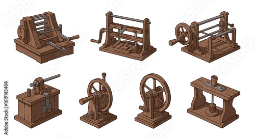 Isometric antique woodworking tools illustrations, isolated on a clean white background.