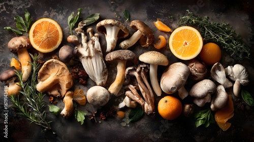Fototapeta Naklejka Na Ścianę i Meble -  Assorted mushrooms and citrus fruits arranged on a dark surface.