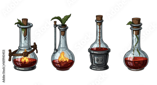 Fantasy Potions: Four Unique Glass Vessels with Liquid Contents