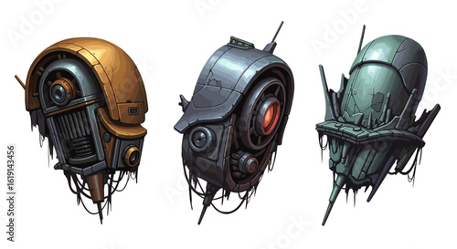 Three futuristic metallic drones hover against a stark white background.