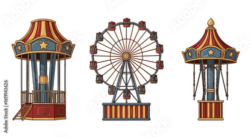 Vintage carnival rides featuring a carousel and Ferris wheel scene
