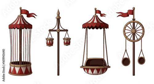 Whimsical circus themed props with red and white stripes