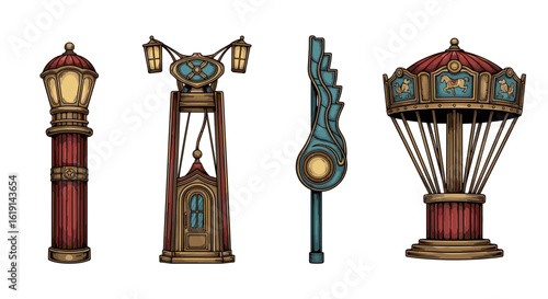 Steampunk inspired illustration showcasing four retro-futuristic streetlight and carousel designs