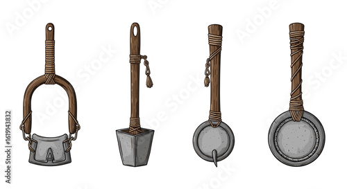 Collection of antique metal tools with wooden handles on white